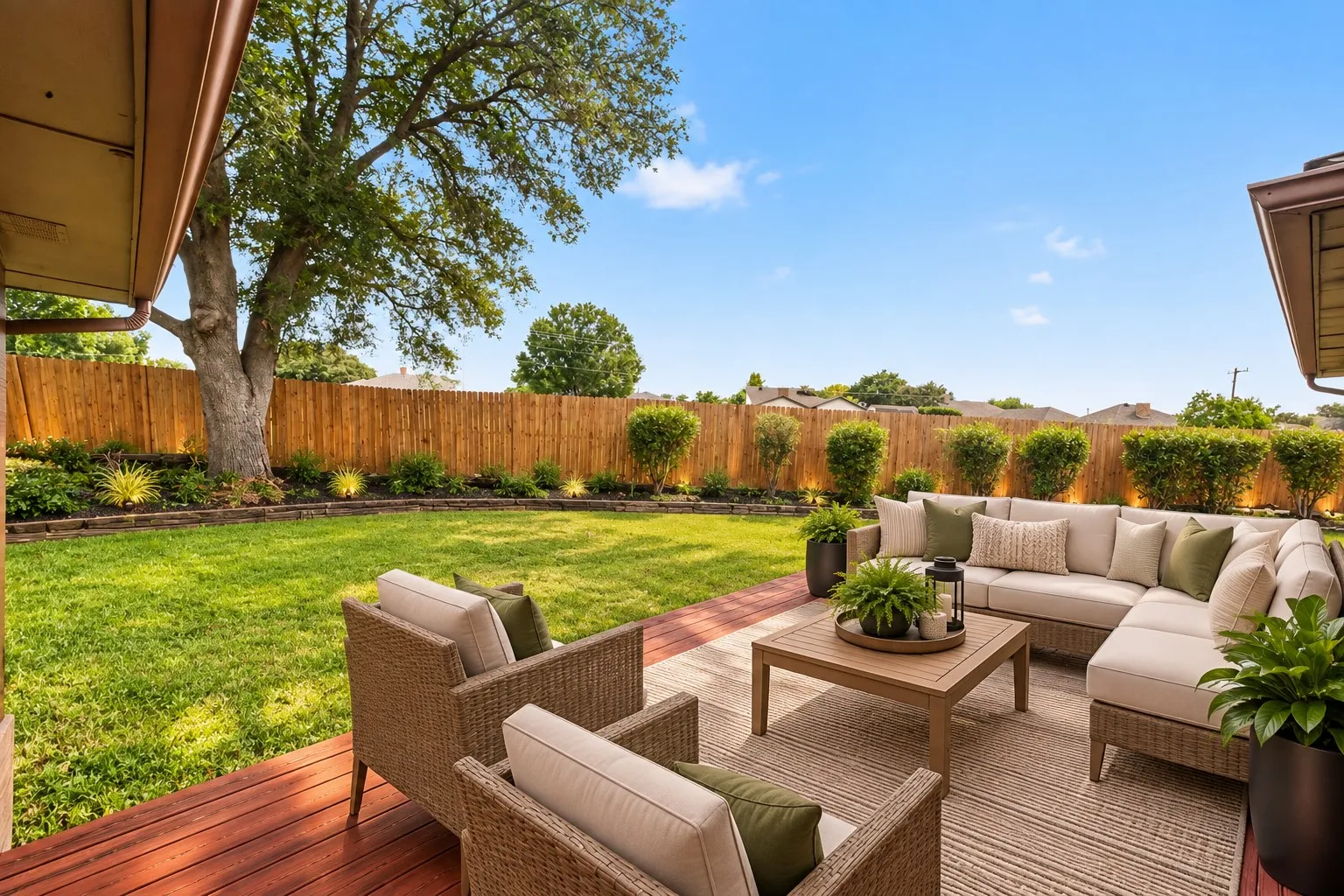 Spacious backyard with a wooden fence, large mature tree, and manicured lawn