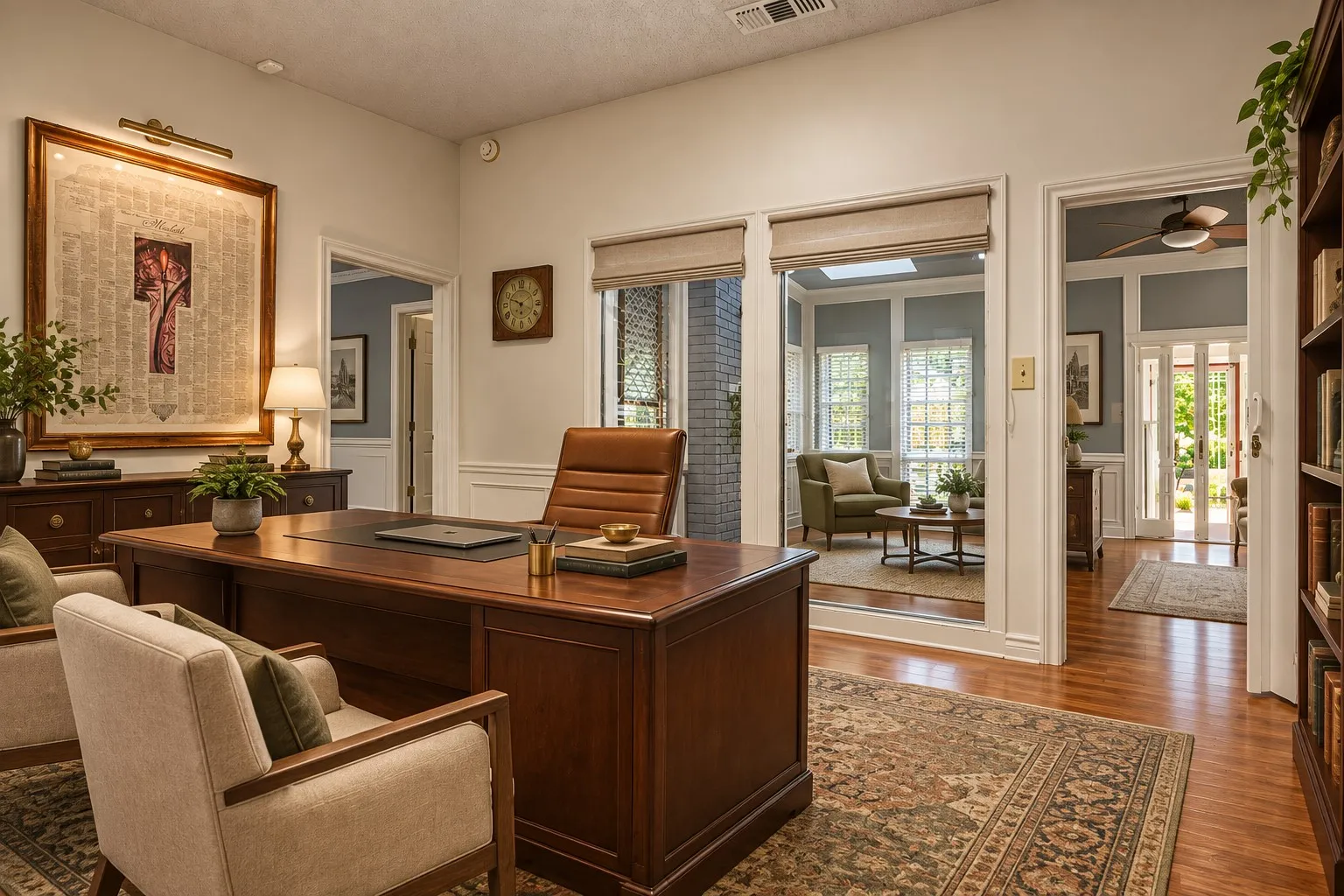 Hardwood flooring, white wall paneling, built-in shelving, French doors, and an additional skylight