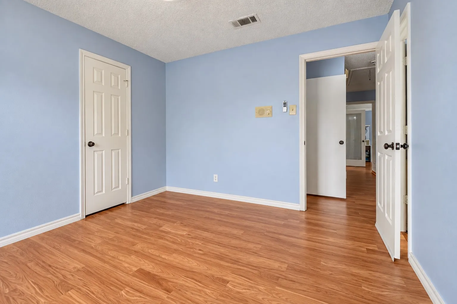 Wood-finish flooring, light blue painted walls, white trim, and a white six-panel door with black hardware