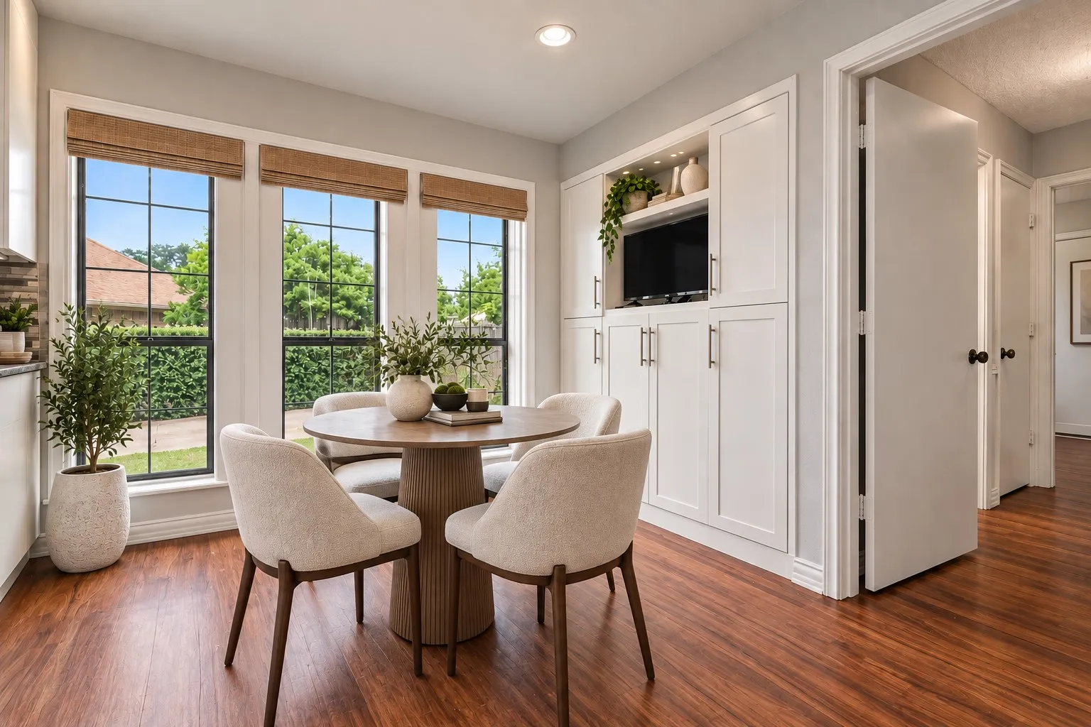 Built-in cabinetry with display shelving, wood-finish flooring, and multiple windows with woven Roman shades