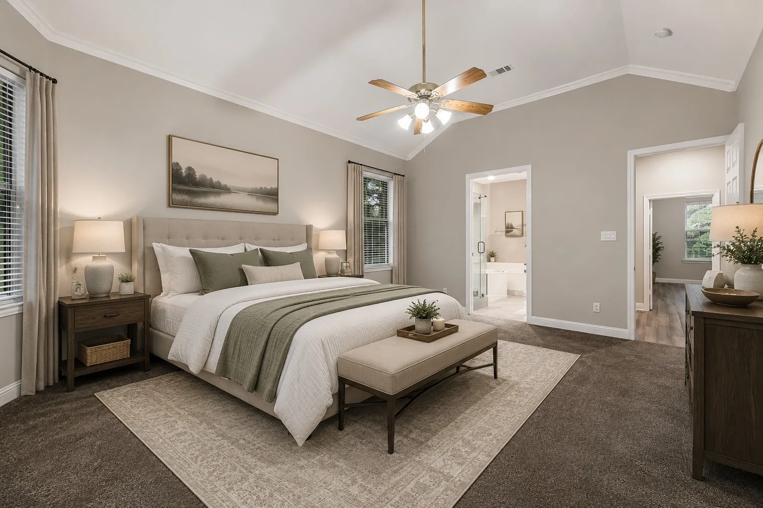 Vaulted ceiling with crown molding, ceiling fan, carpeted flooring, and a window with blinds
