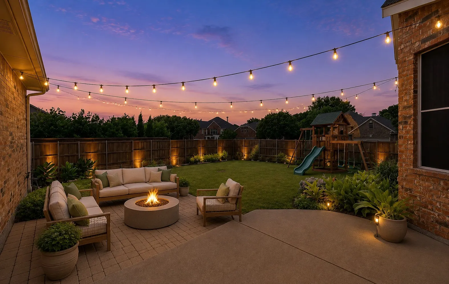 Paved patio featuring a built-in fire pit, string lighting, brick exterior, and a wooden privacy fence