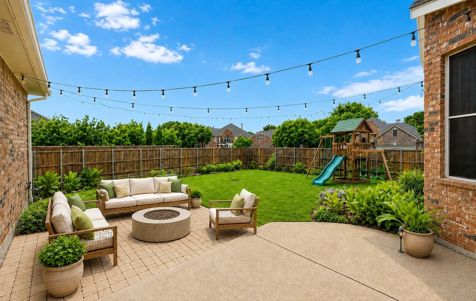 Expansive backyard featuring a paver patio with a fire pit, string lighting, lush landscaping, and a privacy fence