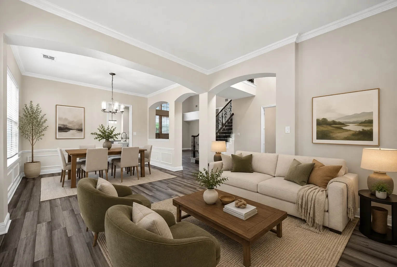 Open-concept living space with wood-finish flooring, crown molding, and arched doorways