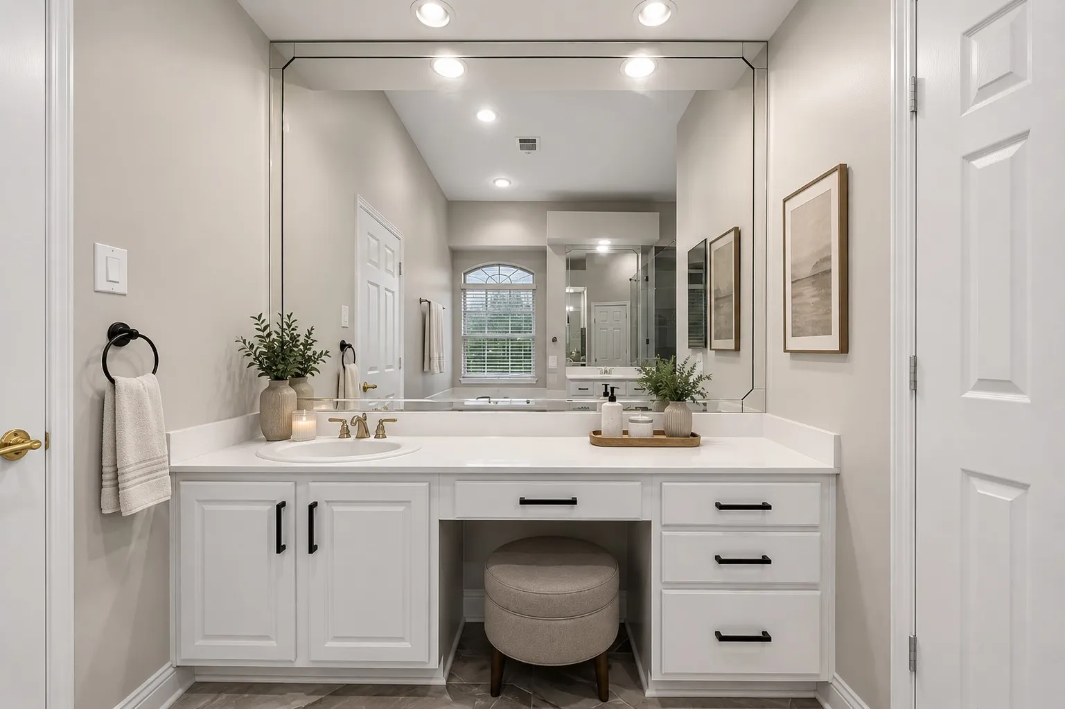 Recessed lighting illuminates a spacious vanity with an integrated sink, white cabinetry, and matte black hardware