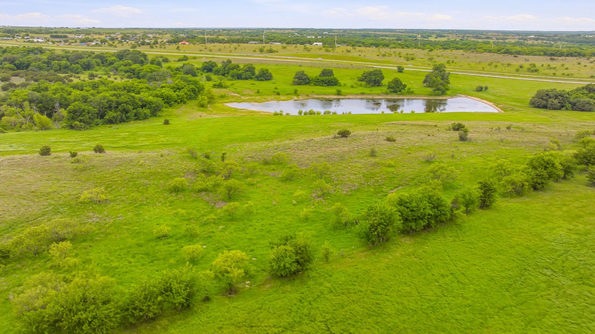 Expansive green acreage featuring a large pond and mature trees