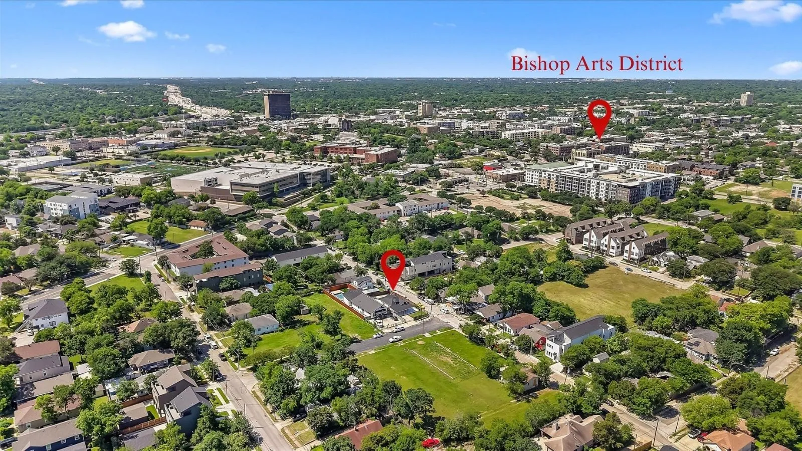 Aerial perspective showcasing the property within an urban environment with established tree canopy