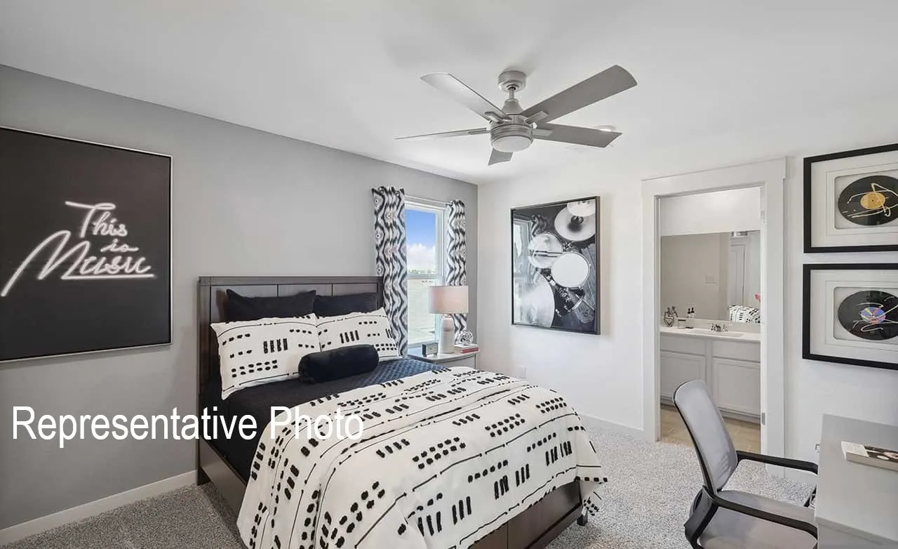 Spacious bedroom featuring light gray walls, plush carpet flooring, a ceiling fan with integrated lighting, and a window with patterned drapes