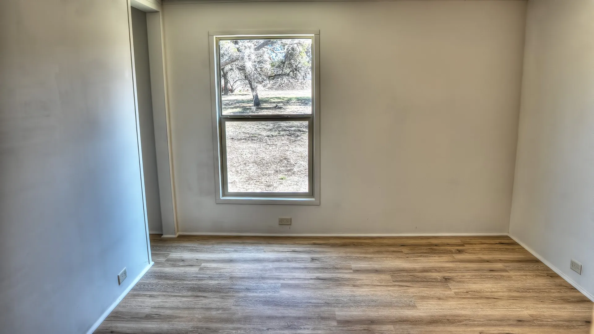 Bright interior space featuring wood-finish flooring, white baseboards, and neutral wall tones