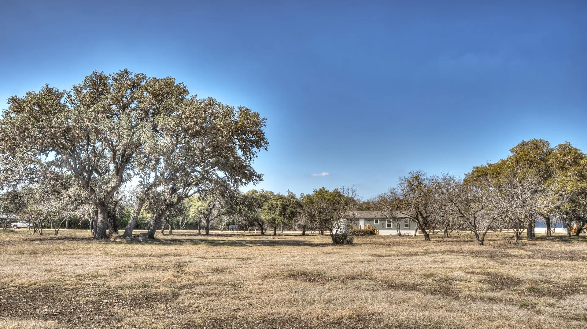 Expansive open field with scattered mature trees and a single-story residence visible in the distance