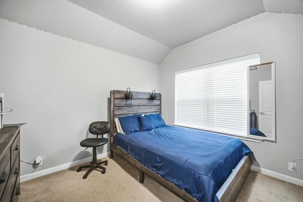 Carpeted room featuring a large window with horizontal blinds, light gray walls, and a vaulted ceiling