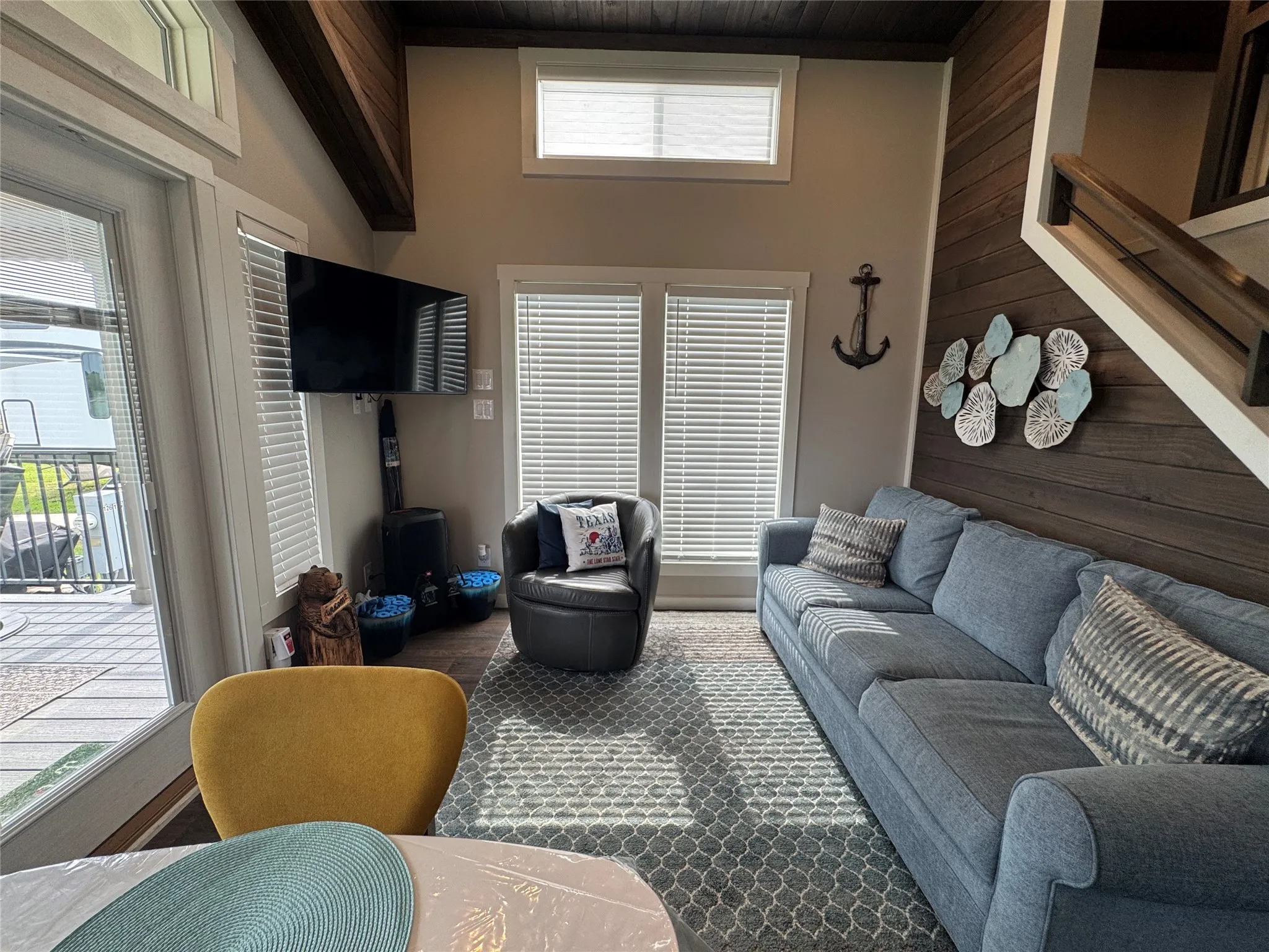 Vaulted ceilings with exposed wood-finish beams