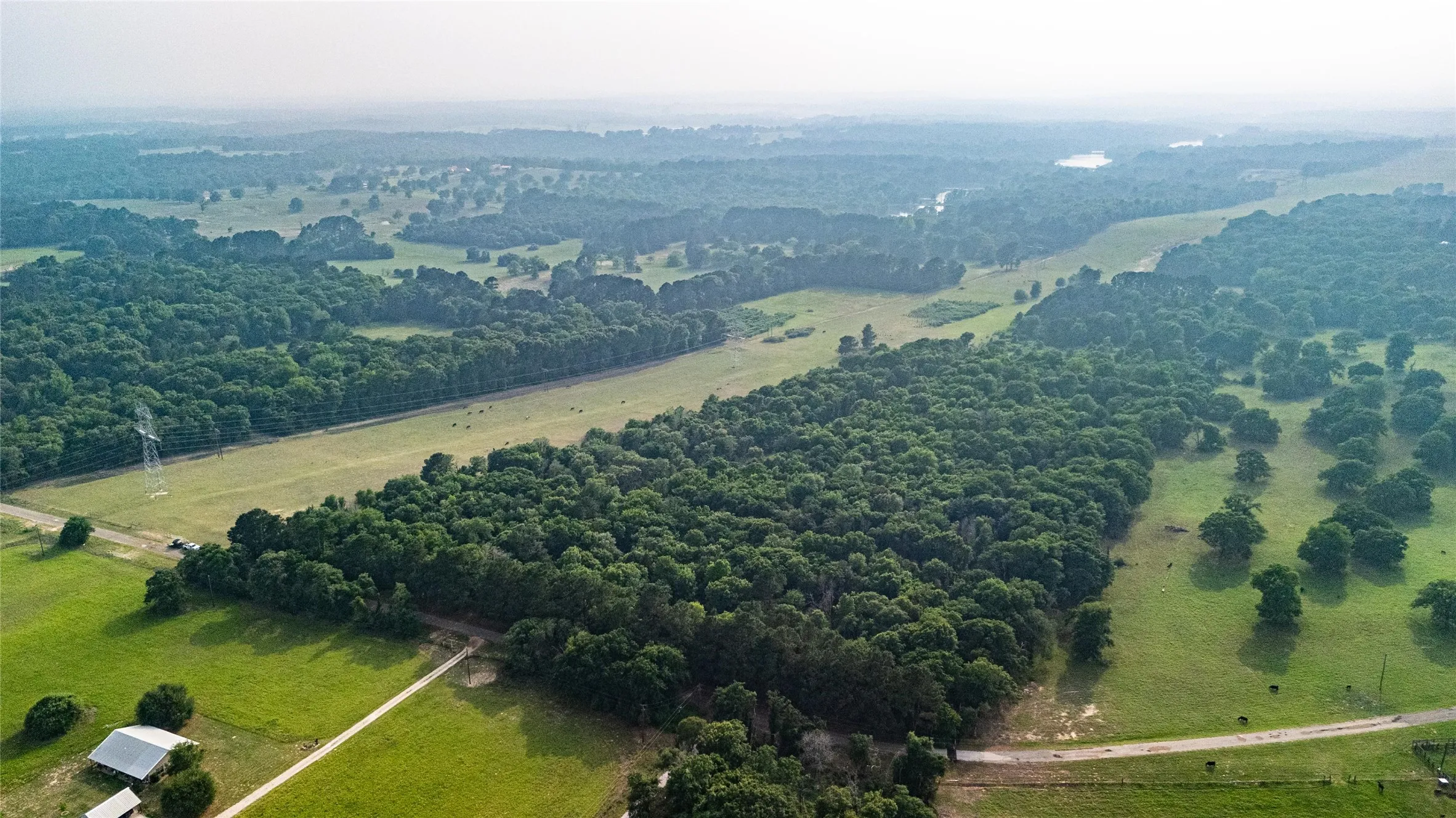 Expansive land parcel featuring dense tree coverage, open grassy areas, visible agricultural structures, and a distant body of water