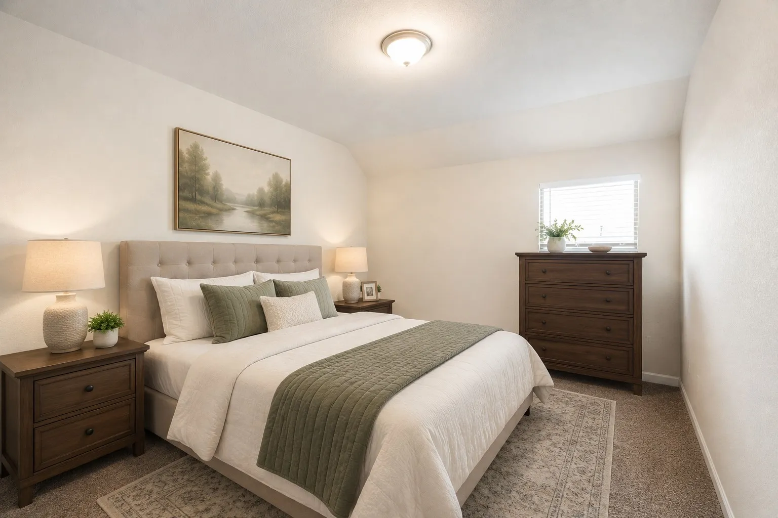 Neutral tone bedroom featuring a tufted- fabric headboard, recessed window with blinds, and built-in overhead lighting-virtually staged