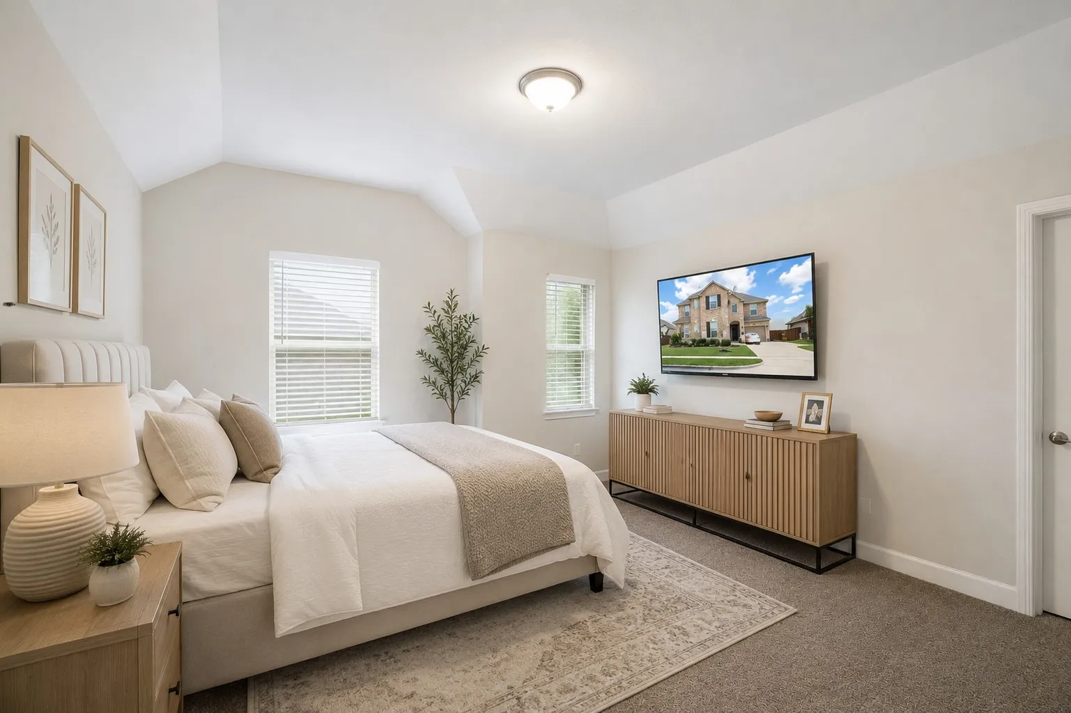 **Virtually Staged**Vaulted ceilings highlight this carpeted room featuring two windows with blinds, a ceiling-mounted light fixture, and a neutral wall color