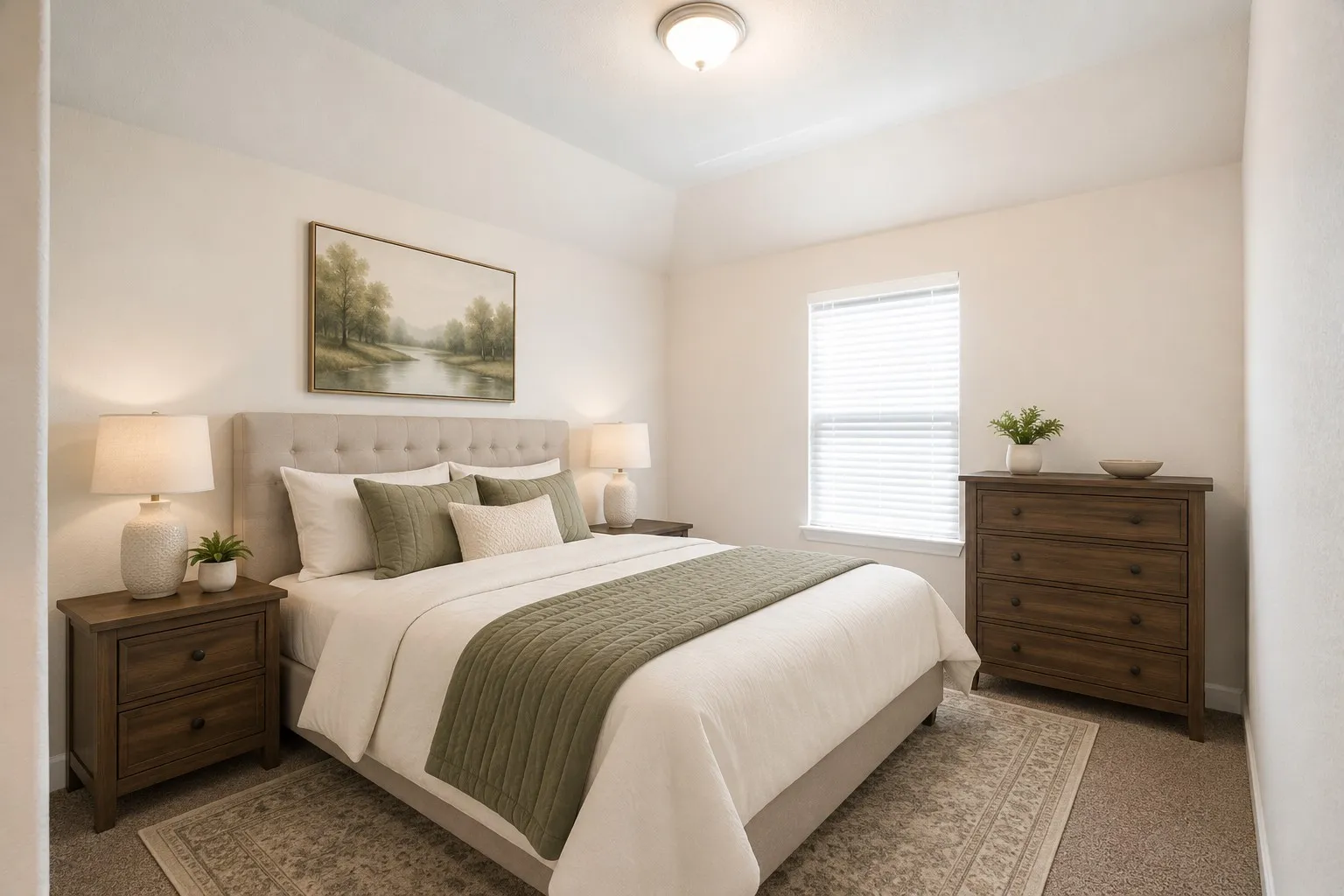 Carpeted bedroom with a tray ceiling and a window featuring blinds-virtually staged