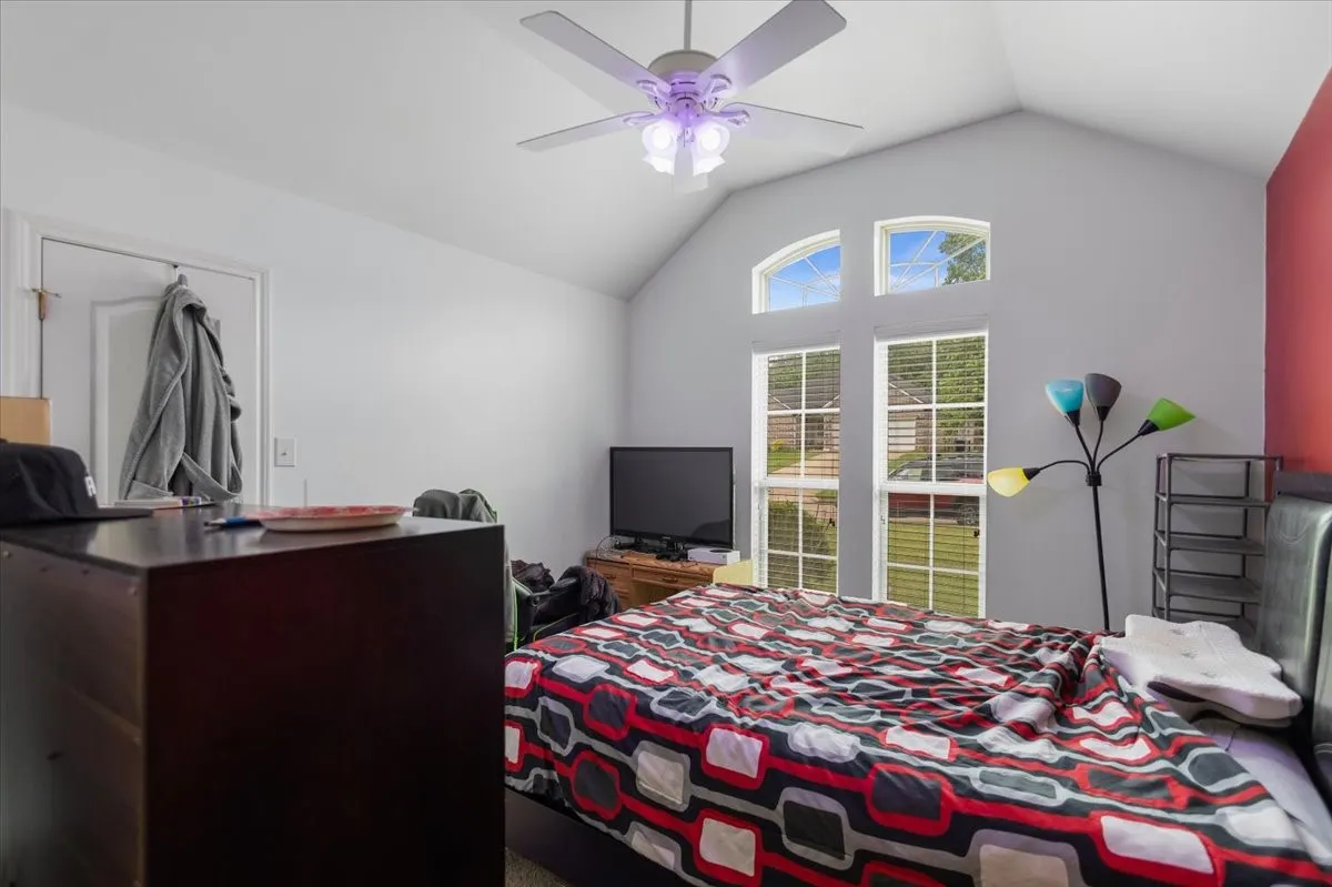 Vaulted ceiling room featuring a ceiling fan with integrated lighting, a contrasting accent wall, and a window arrangement with arched​​‌​​​​‌​​‌‌​‌‌​​​‌‌​‌​‌​‌​​​‌​​ transoms