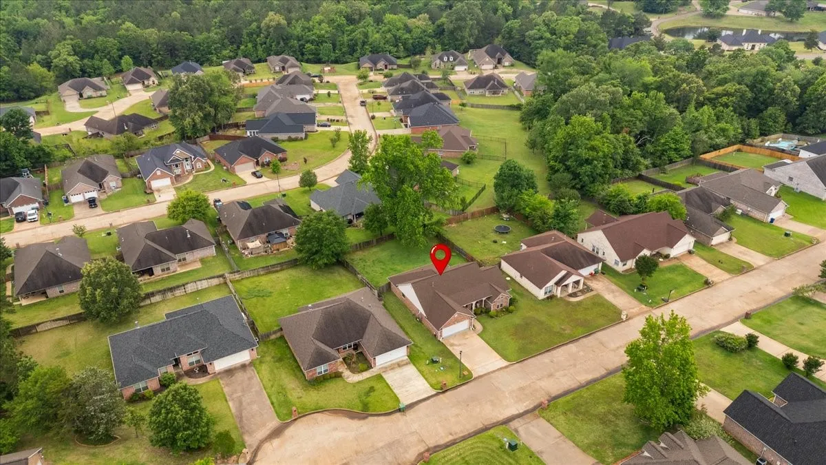 Residential neighborhood featuring single-story homes with shingled roofs and established landscaping