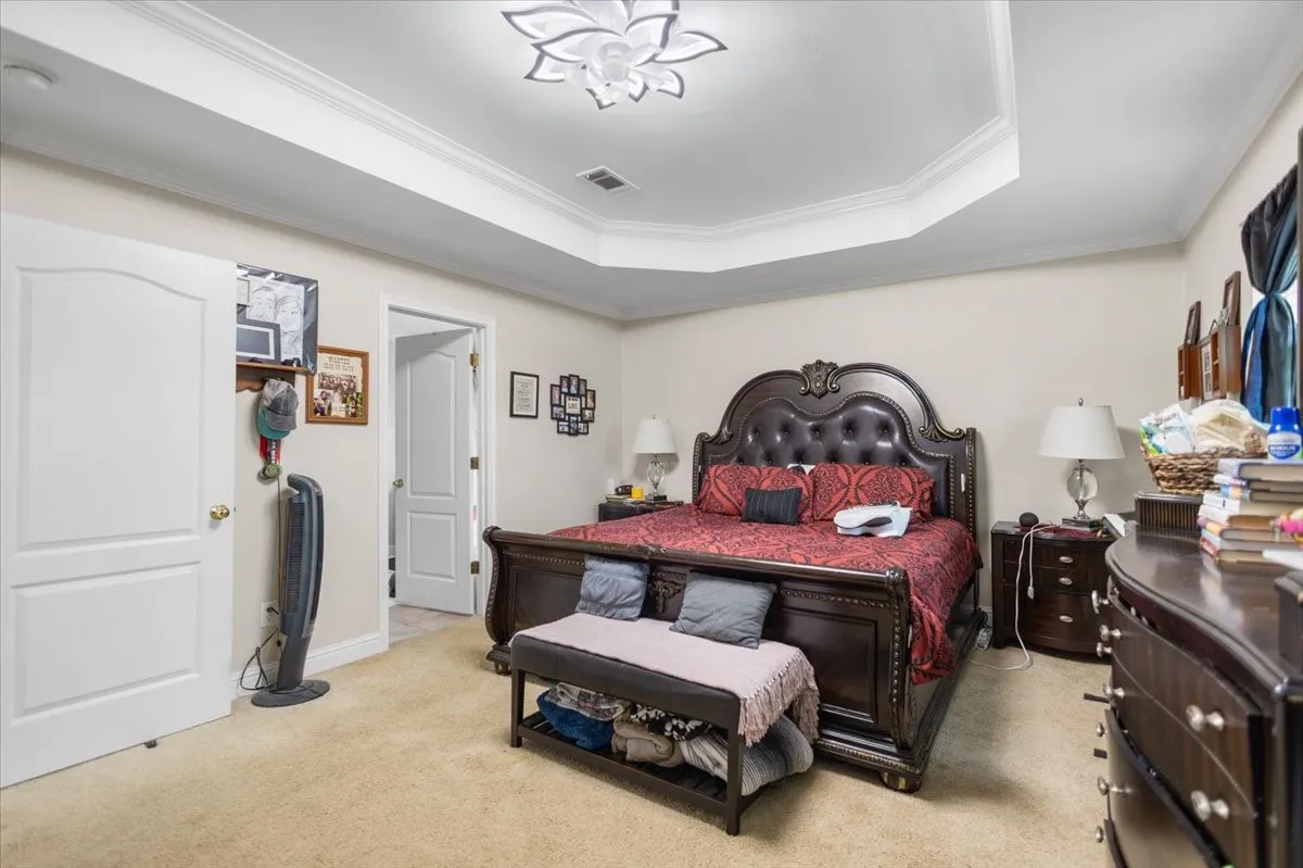 Spacious room featuring a tray ceiling with crown molding, light beige wall paint, and soft carpet flooring