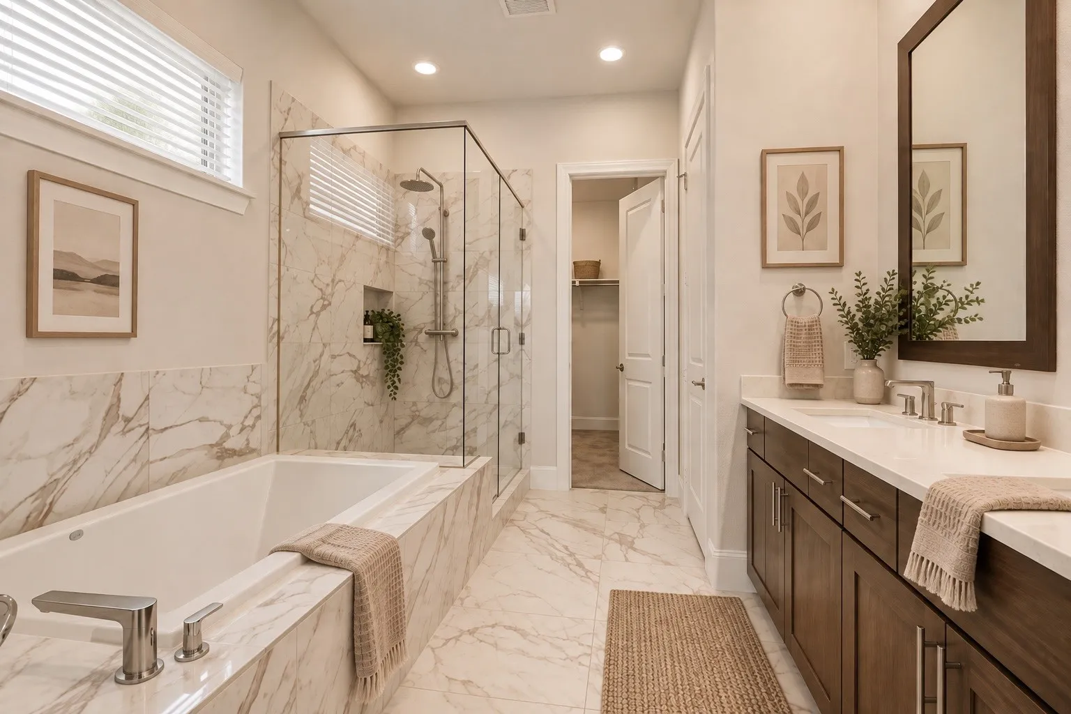 Spacious bathroom featuring a soaking tub, glass-enclosed shower, dual vanity with wood-finish cabinetry, and large format tile flooring