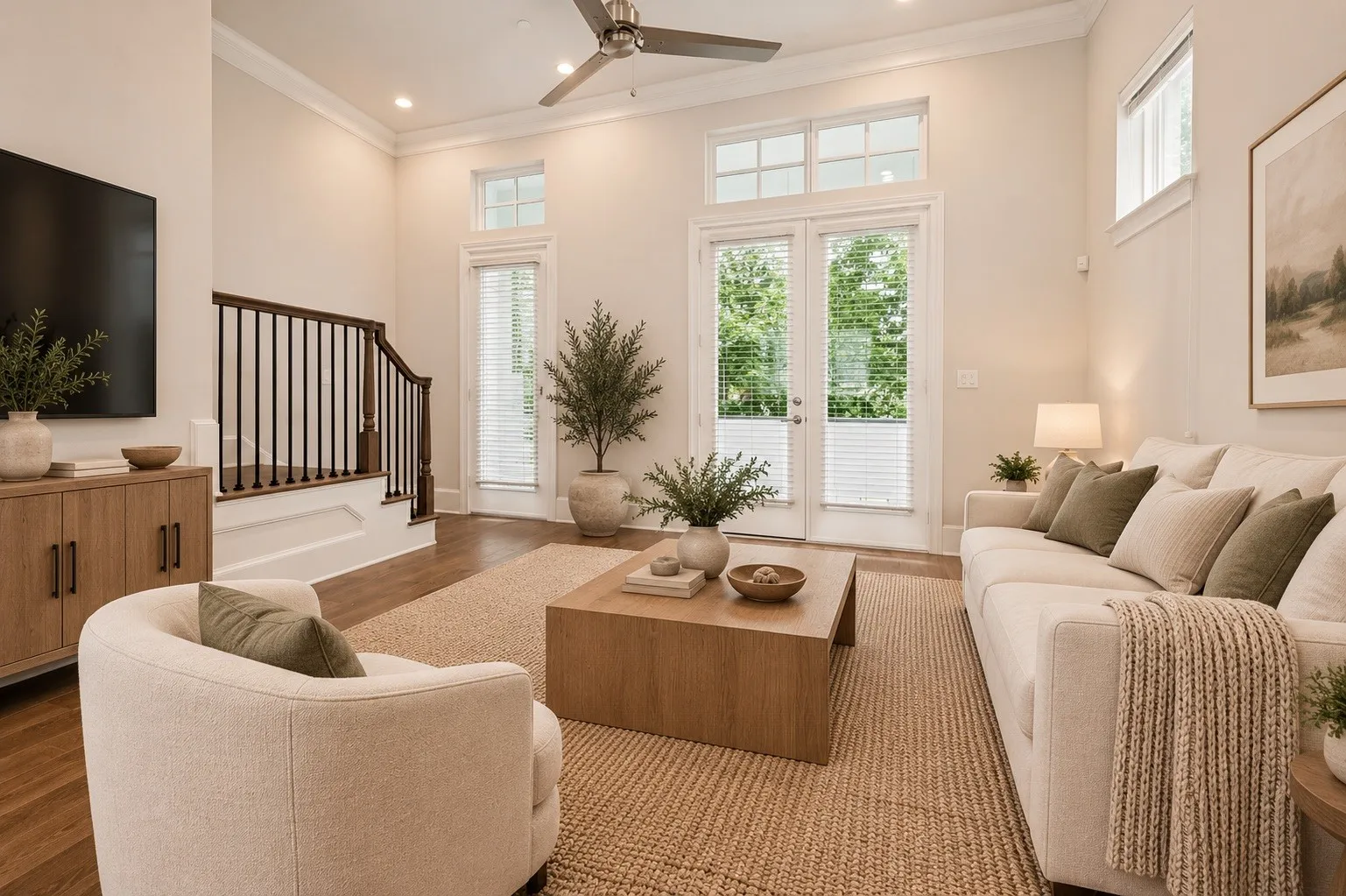 Virutally staged - Hardwood-finish flooring, high ceilings, ceiling fan, French doors with transom windows, and recessed lighting