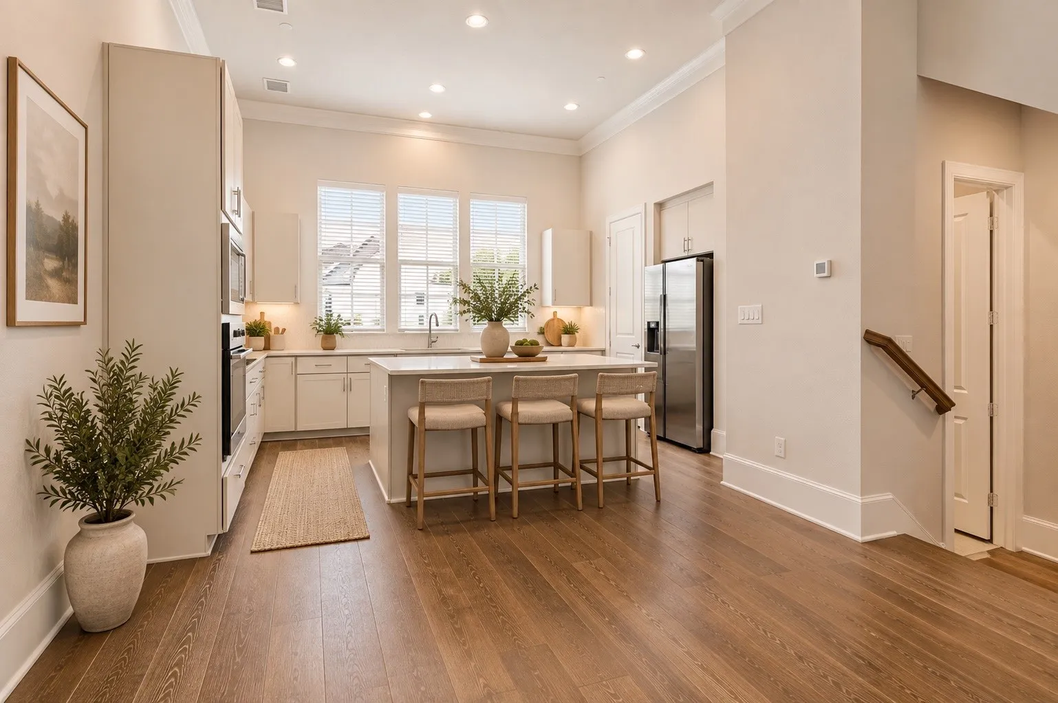 Virutally staged - Spacious kitchen featuring an island with seating, white cabinetry, integrated stainless steel appliances, and wood-finish flooring