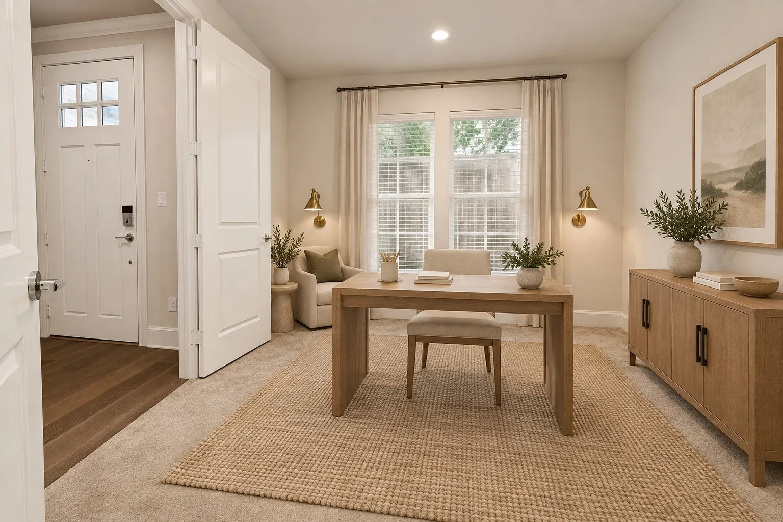 Entryway with wood-finish flooring transitioning to a carpeted room