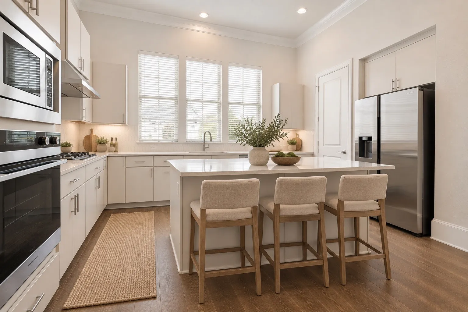 Gourmet kitchen featuring stainless steel appliances, white cabinetry, a large kitchen island with counter seating, wood-finish flooring, and ample natural light from multiple windows