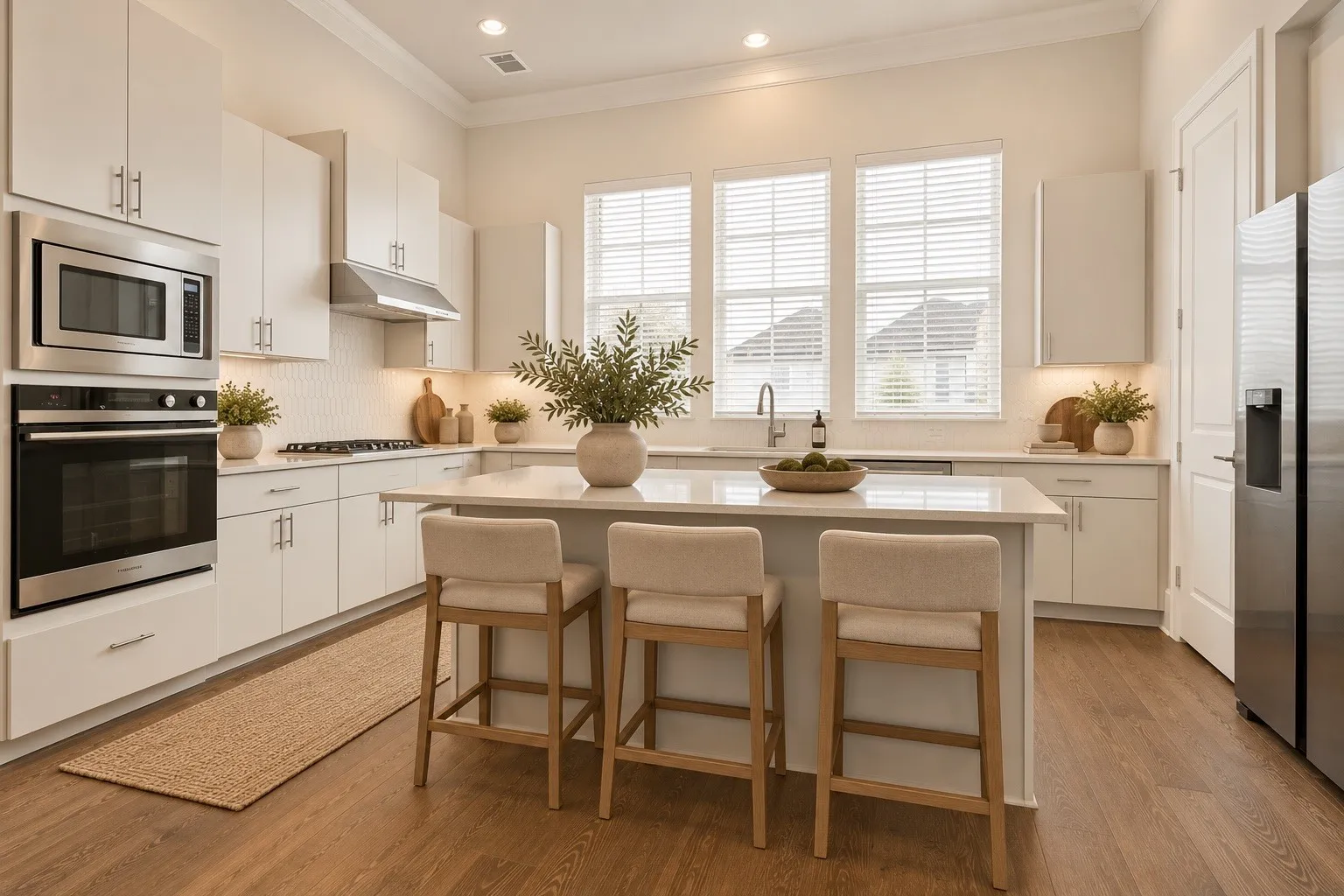 Modern kitchen featuring white cabinetry, stainless steel appliances, a center island, wood-finish flooring, and recessed lighting