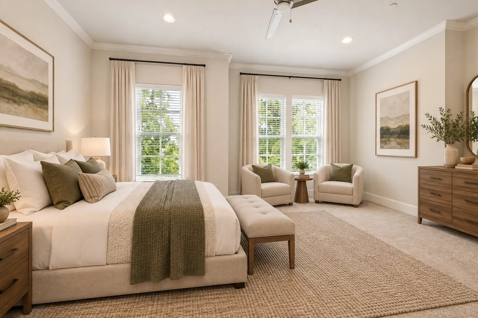 Virutally staged - Recessed lighting, crown molding, double windows with blinds, ceiling fan, and carpeted flooring