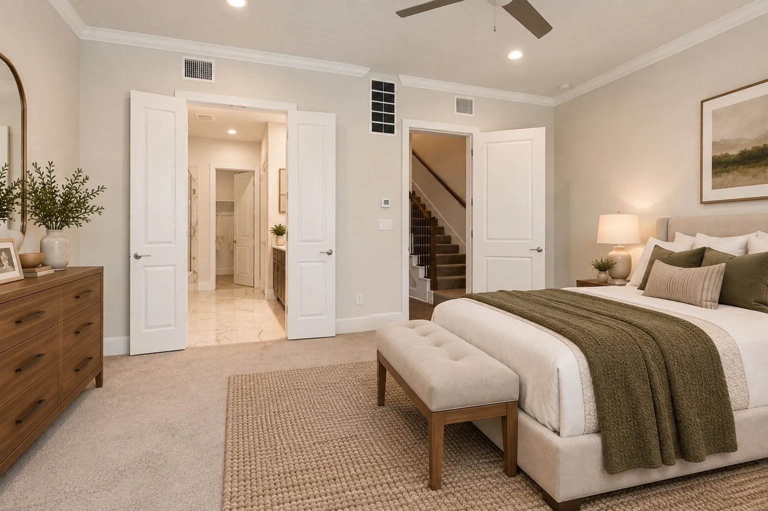 Virutally staged - Recessed lighting, crown molding, ceiling fan, carpeted flooring, and a panel door
