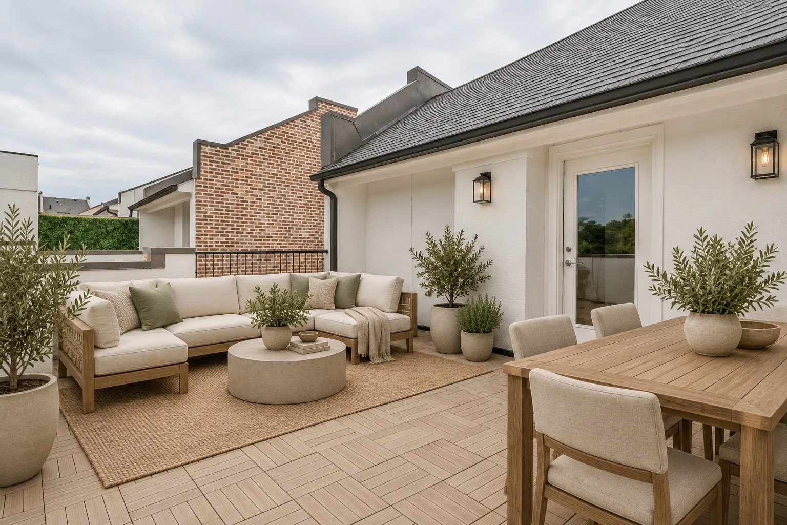 Virtually staged - Expansive outdoor terrace featuring light-toned tile flooring and a white stucco exterior