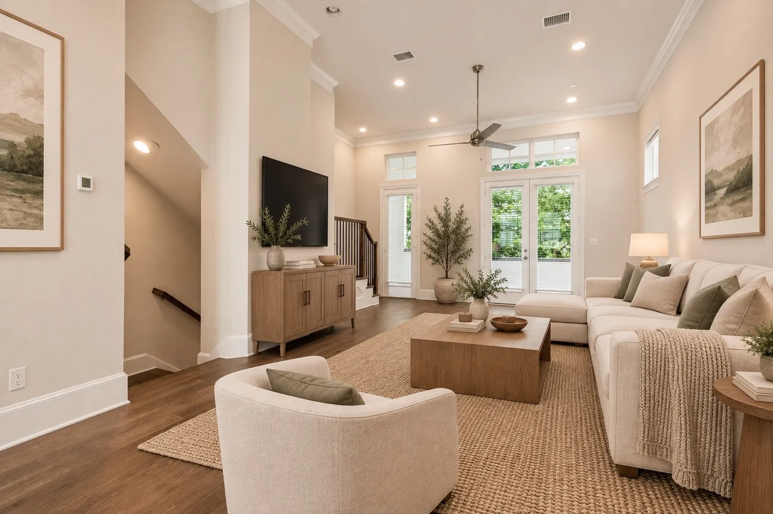 Virutally staged - Open-concept living space featuring wood-finish flooring, recessed lighting, and a ceiling fan