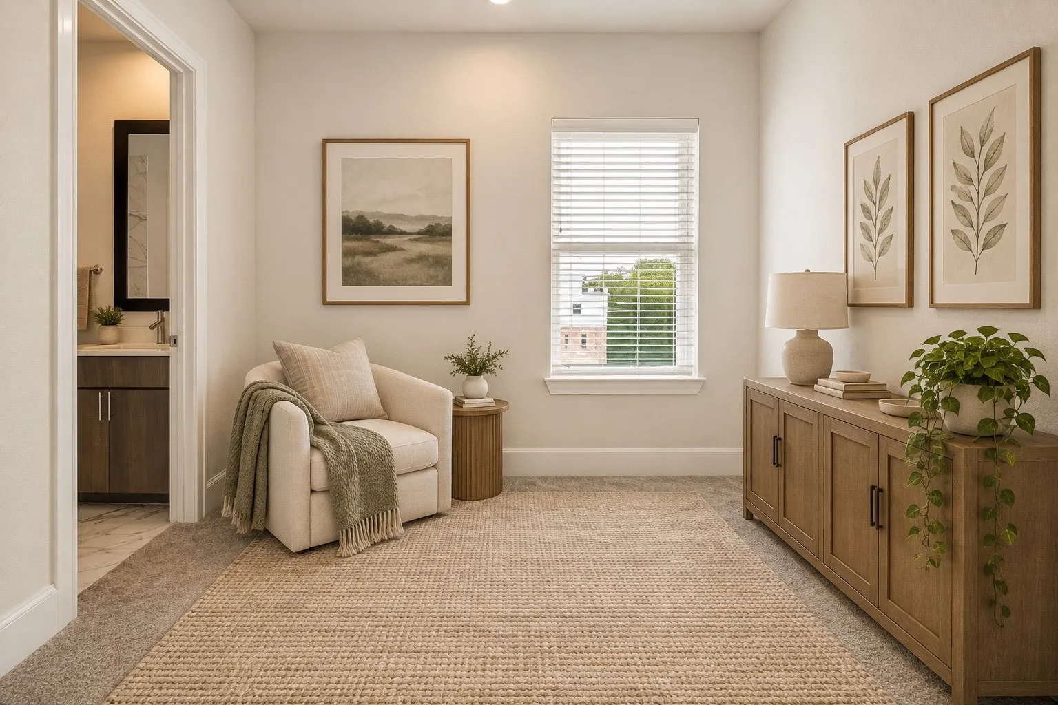 Recessed lighting, window with blinds, wood-finish cabinetry, and a vanity with a rectangular sink