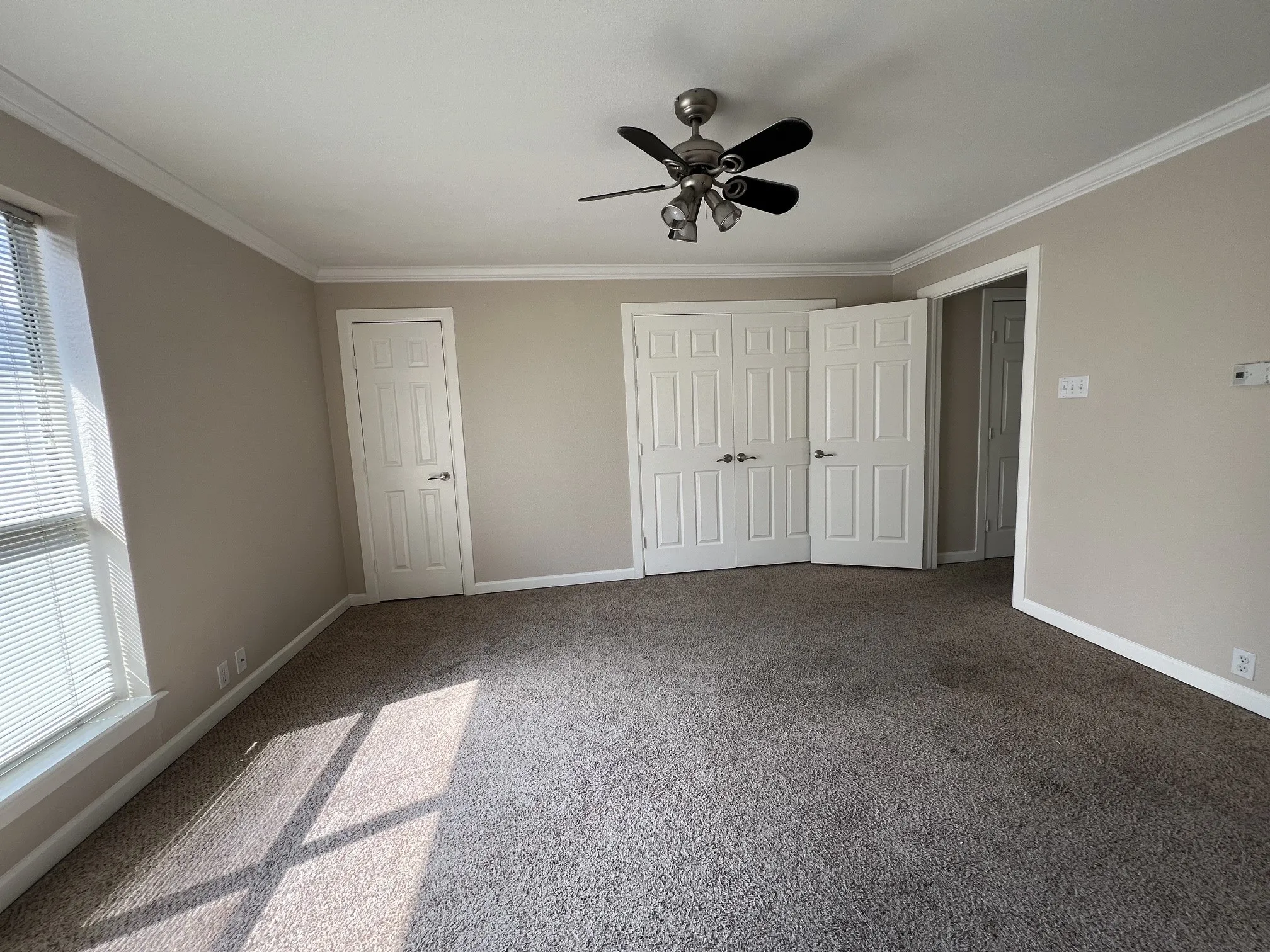 Neutral tone wall paint, crown molding, ceiling fan with light kit, textured carpeting, and white paneled doors