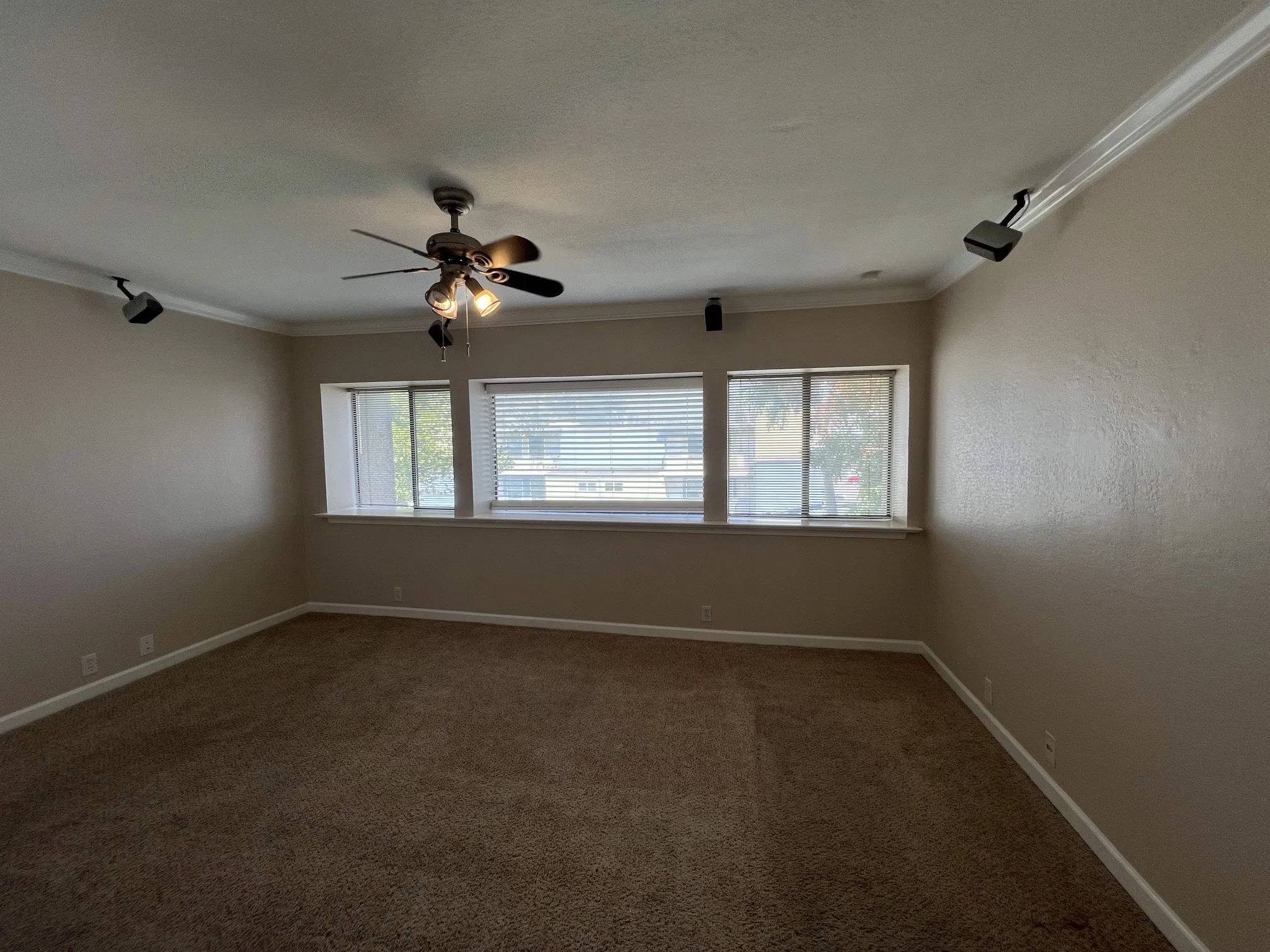 Ceiling fan, crown molding, wall-mounted speakers, multiple windows with blinds, and neutral-toned wall paint