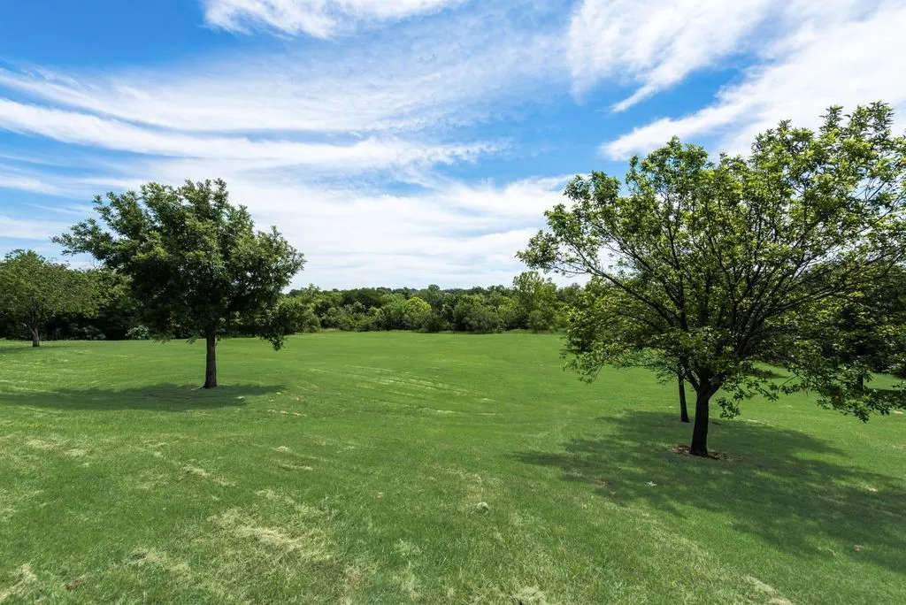 Expansive green space featuring mature trees and a distant tree line