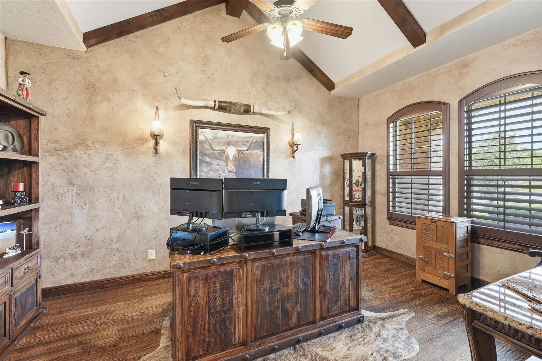 Vaulted ceiling with exposed wood beams