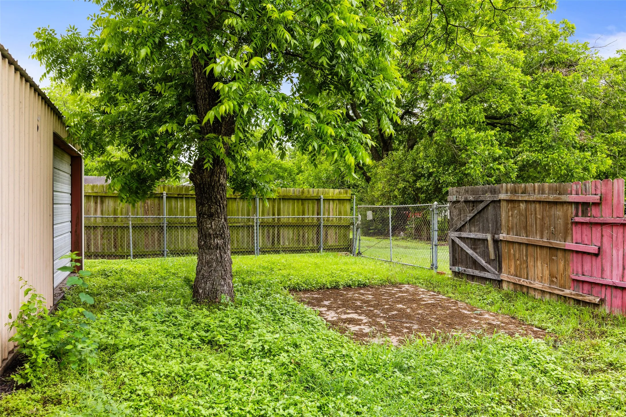 Expansive outdoor space featuring mature trees, a metal storage shed, and varied fencing including wood panels and chain-link sections