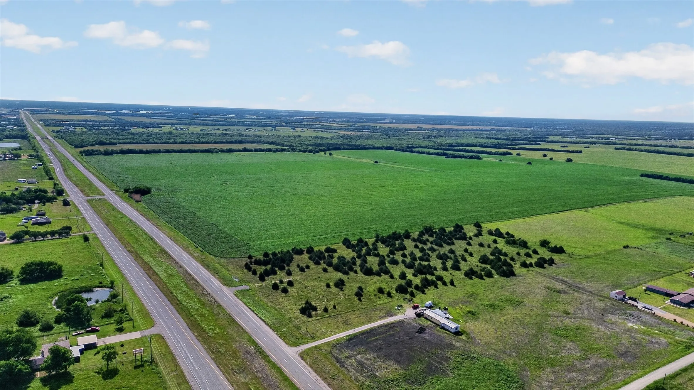 Expansive acreage featuring a substantial cultivated field, a cluster of evergreen trees, and direct frontage to a multi-lane paved roadway