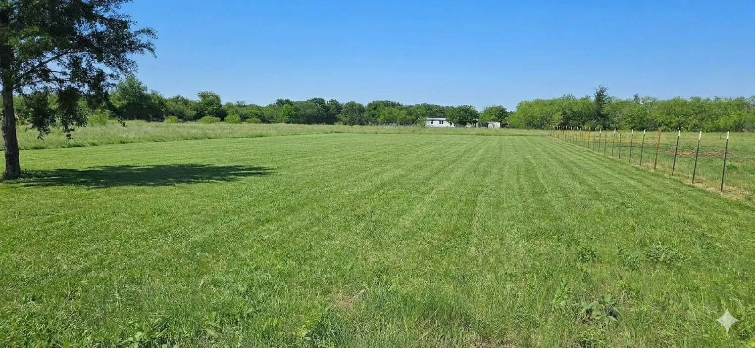 Expansive green lawn with established tree, bordered by a partial metal fence
