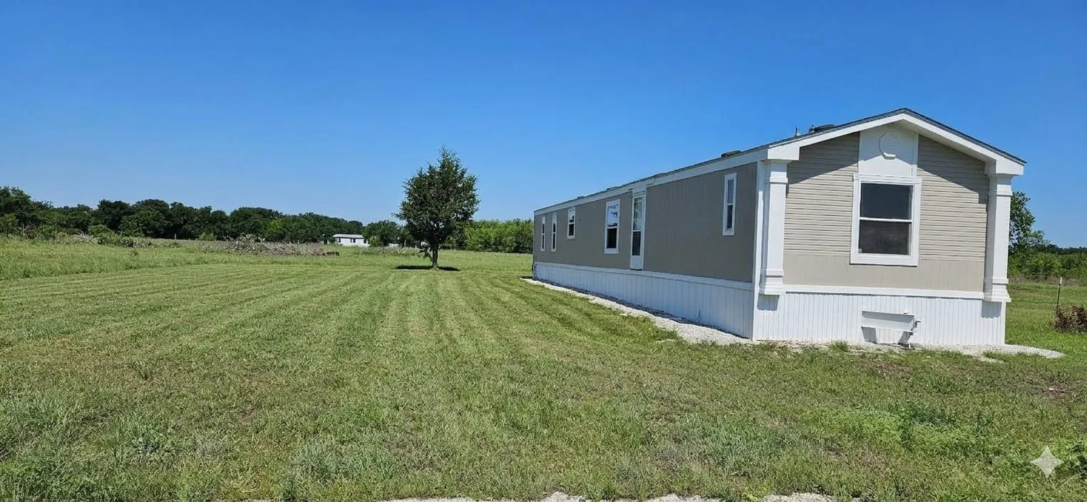 Single-story residence featuring light gray siding with white trim accents and multiple windows