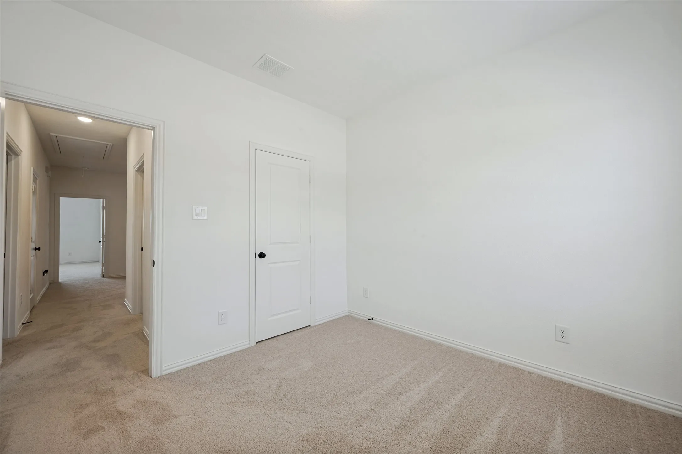 Spacious bedroom featuring neutral wall finishes, plush carpet flooring, and abundant natural light