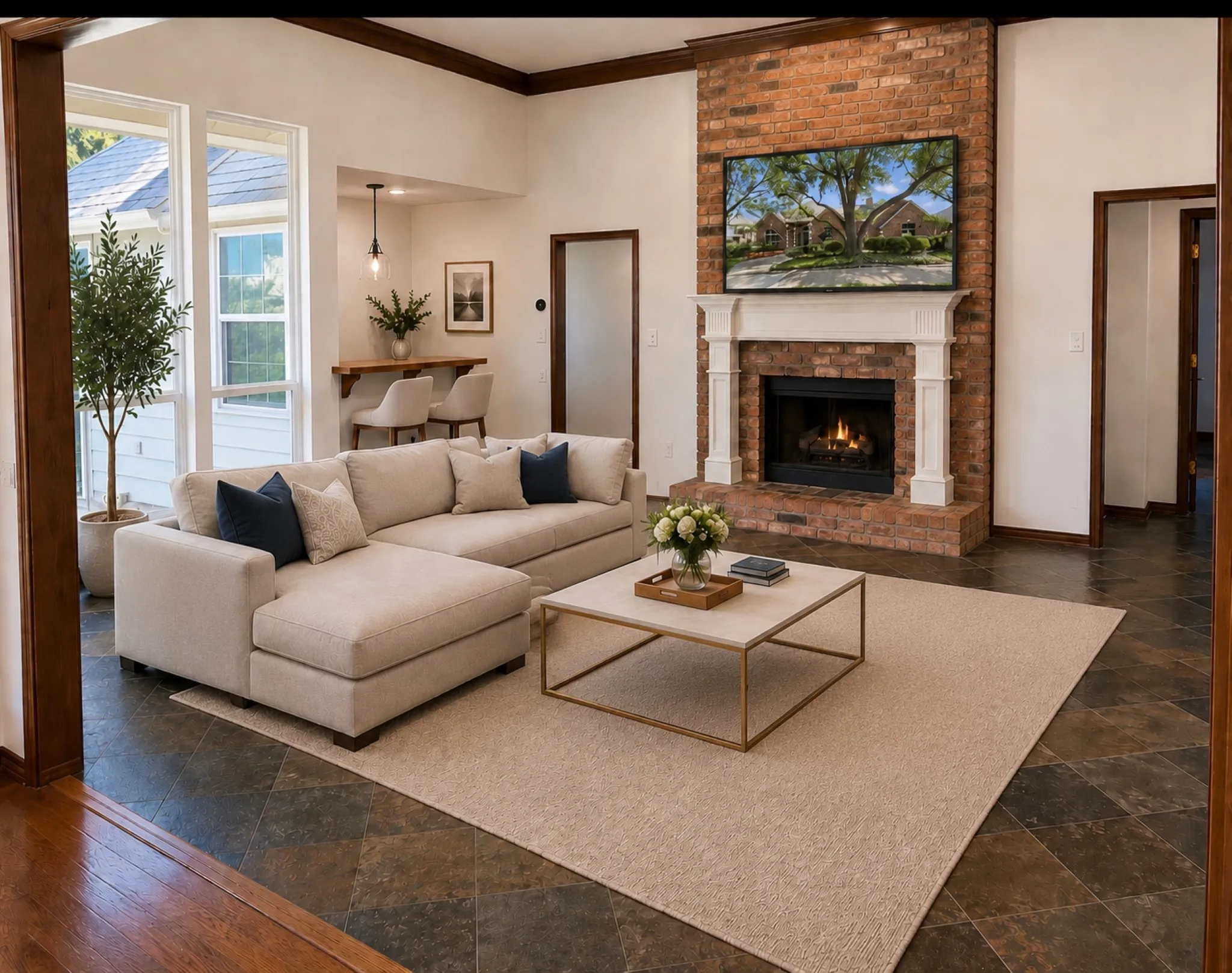 Second living area with slate/tile flooring and a second fireplace—great indoor-outdoor flow.