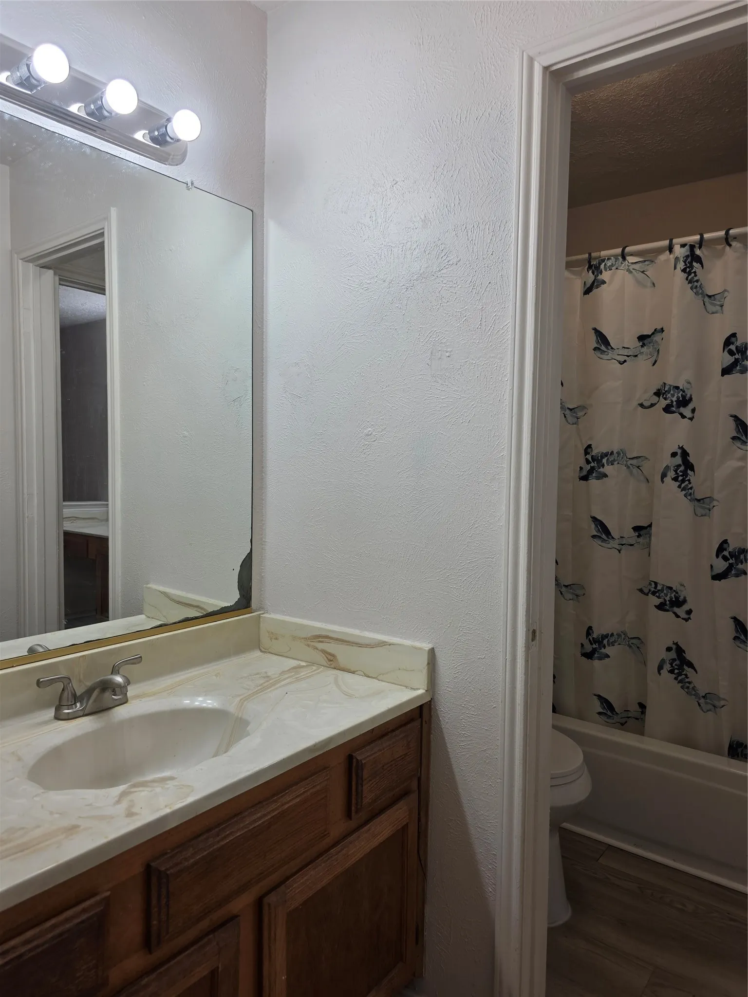Vanity with a single basin sink, wood-finish cabinetry, and a countertop