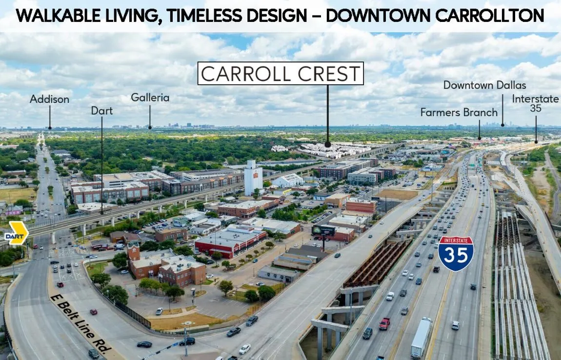 Aerial view of the Carrollton area, showcasing proximity to Interstate 35 and E Belt Line Rd