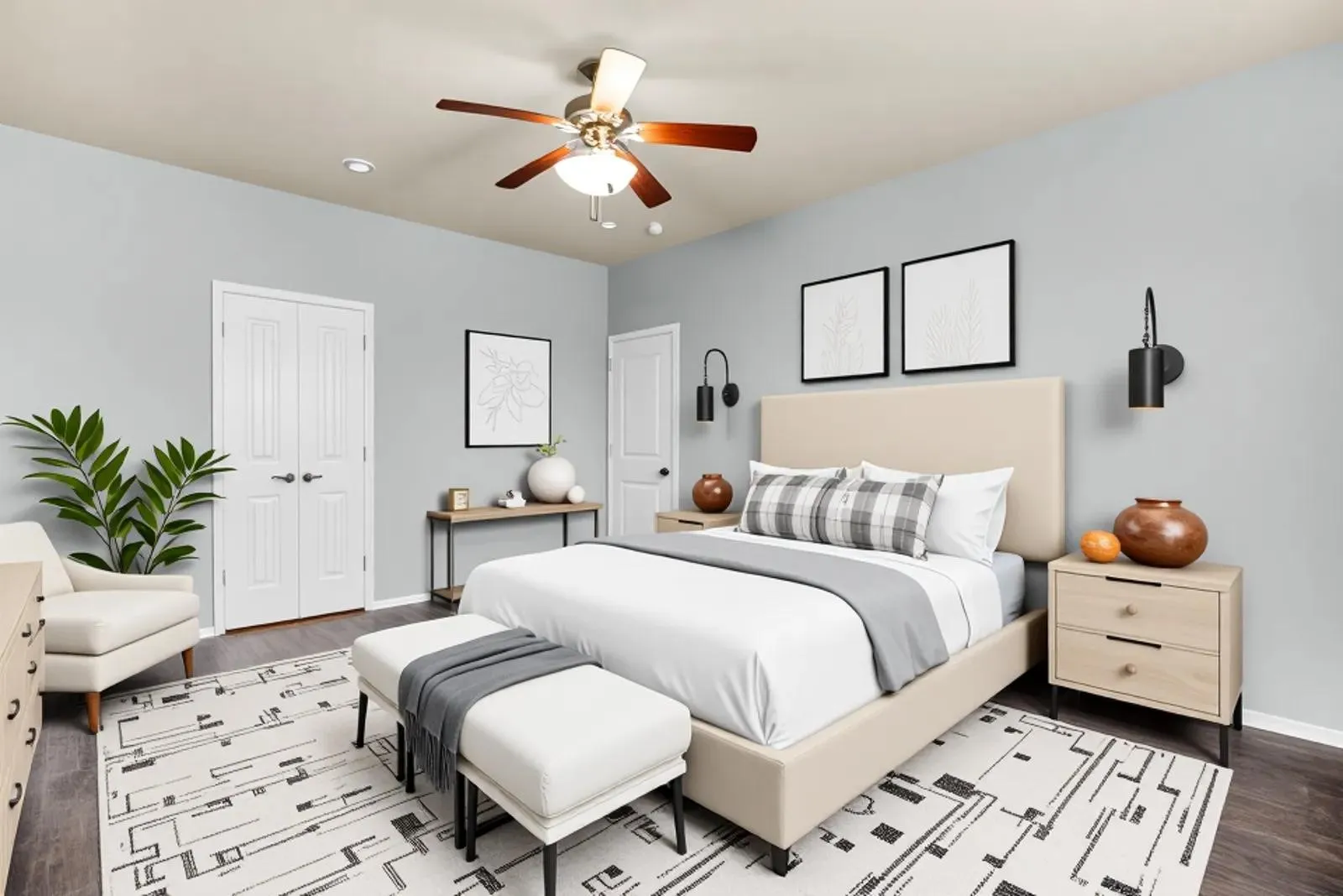 Virtual Staging -Wood-finish flooring with an area rug, featuring light-colored walls and a ceiling fan
