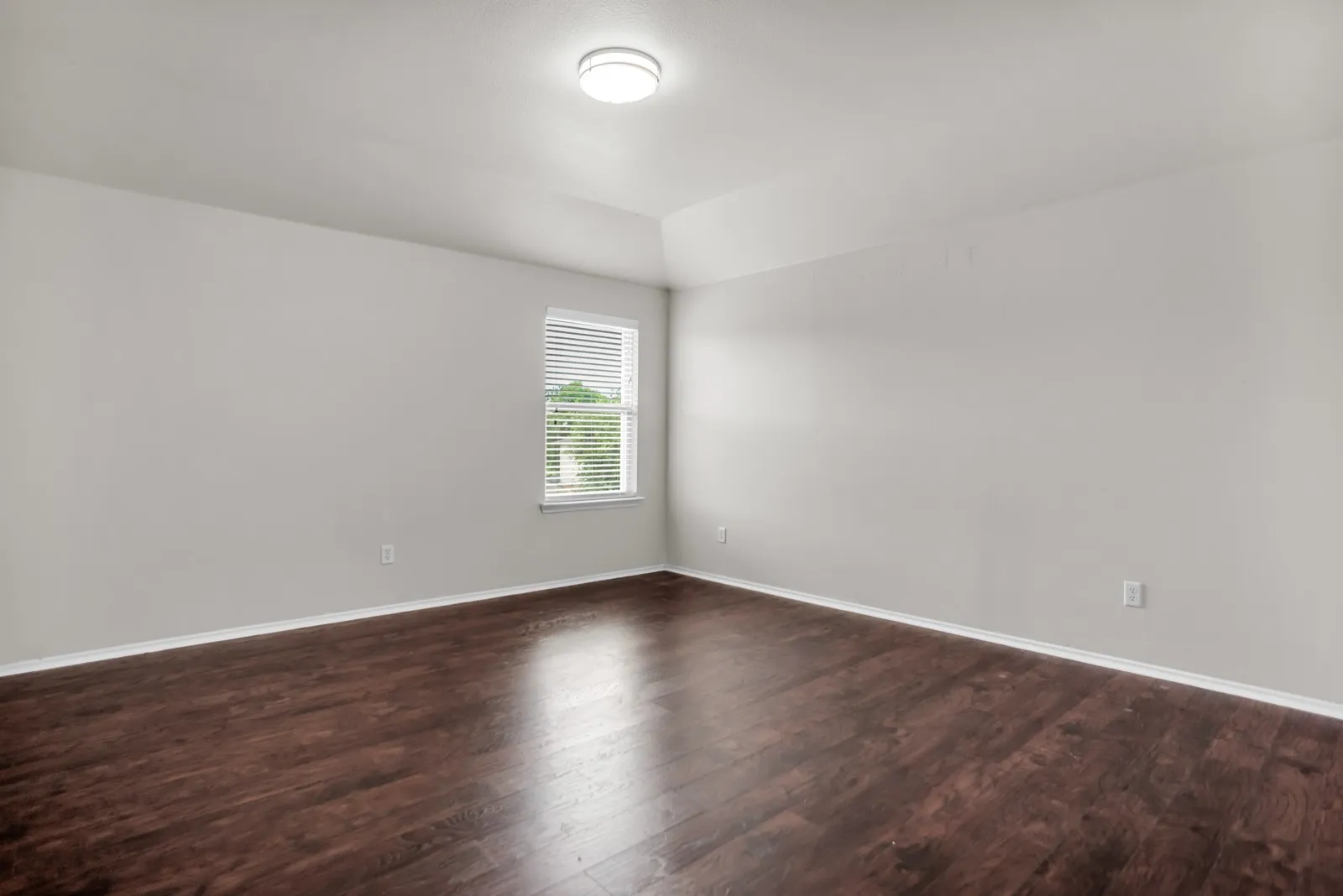 Spacious room featuring wood-finish flooring, light grey walls, white trim, and a tray ceiling with a flush-mount light fixture