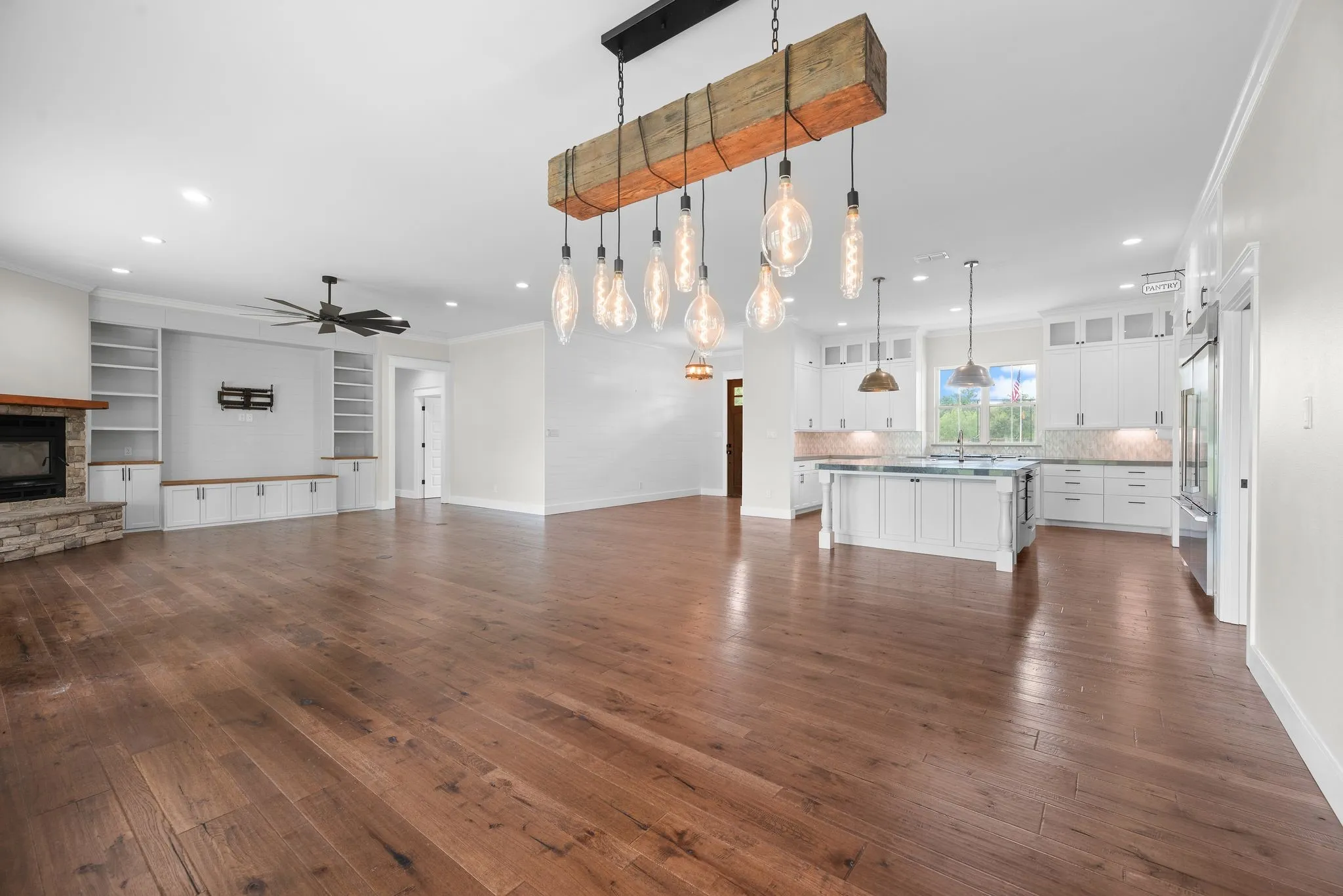Dining and living spaces flow together for easy entertaining near the lake.