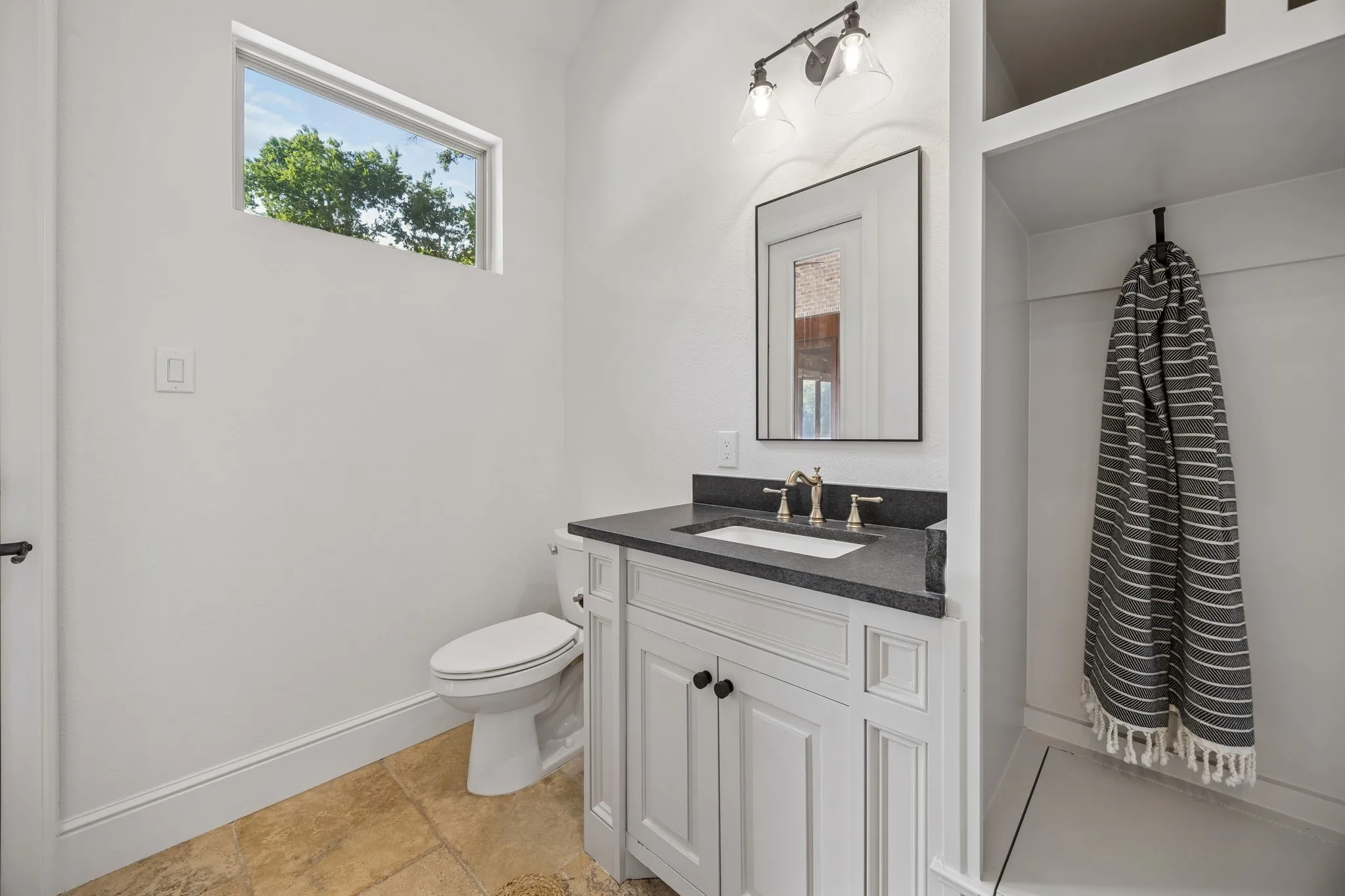 Bathroom featuring a white vanity with dark countertop, brass-toned faucet, rectangular mirror, and overhead lighting fixture